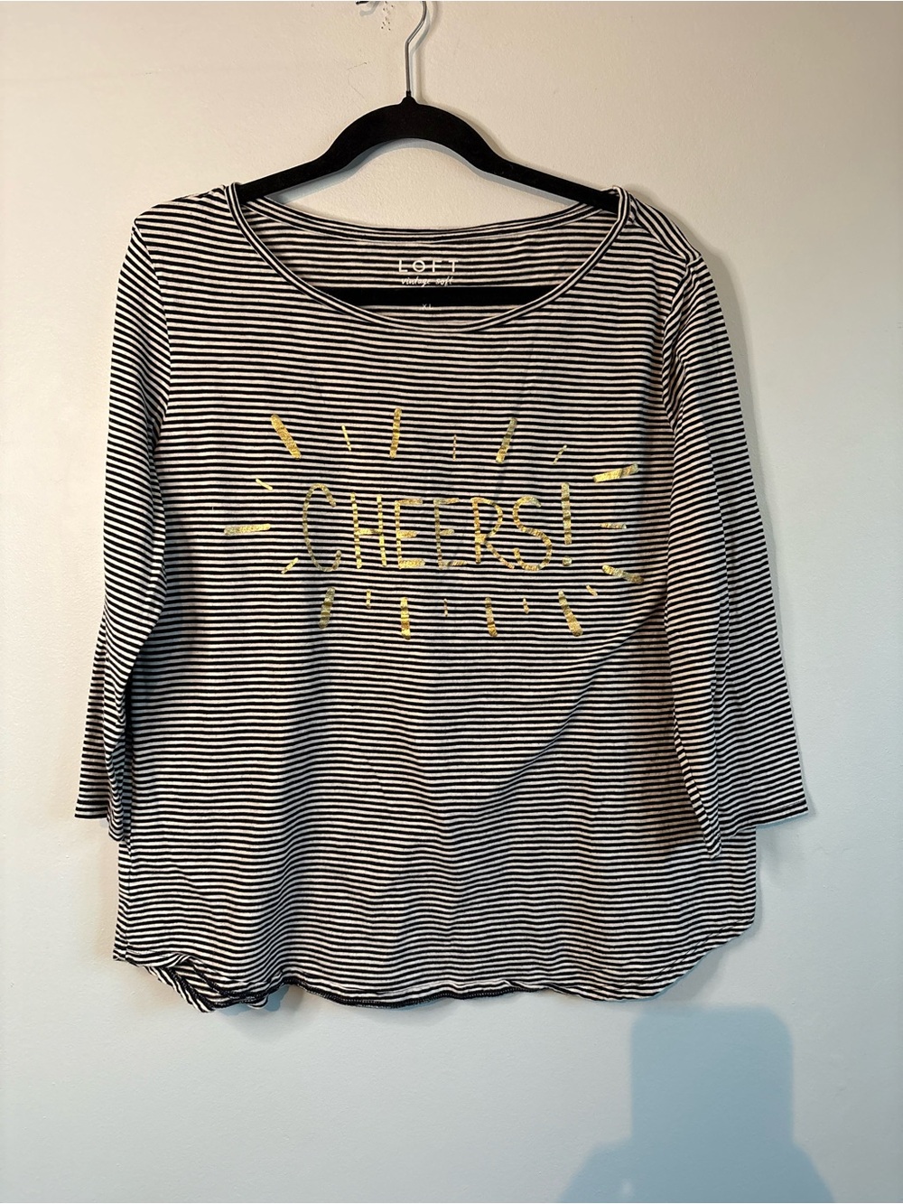 LOFT Black and White Striped Long Sleeve Top with Gold "CHEERS"